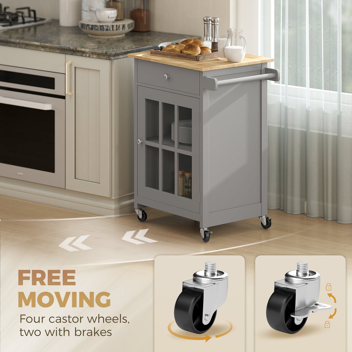 HOMCOM Rolling Kitchen Cart with Drawer and Glass Door Cabinet Dark Grey