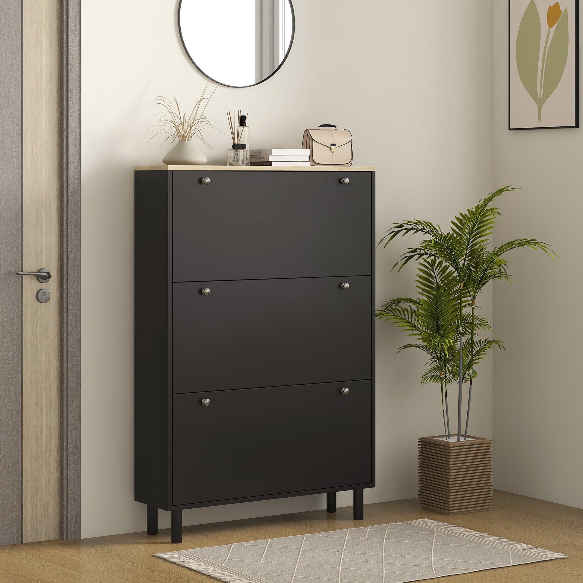 HOMCOM Black Entryway Shoe Cabinet with 3 Flip Drawers, Adjustable Shelves