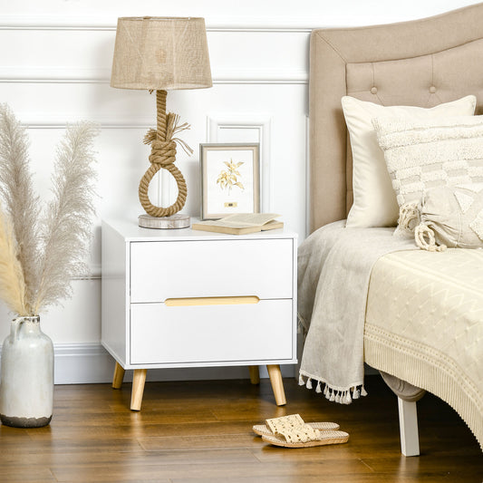 HOMCOM Modern White Nightstand with 2 Drawers, Solid Pine Wood Legs