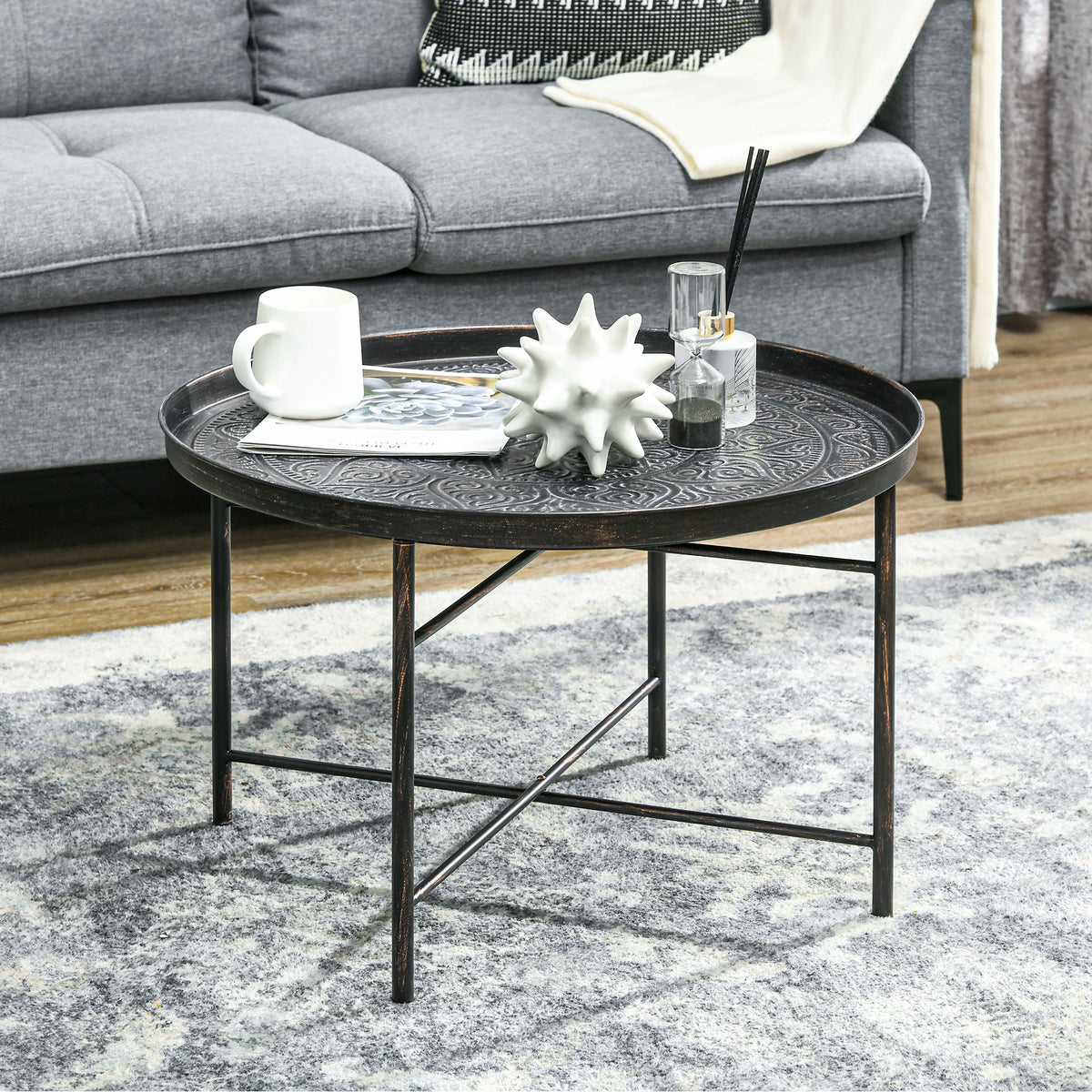 24" Round Vintage Coffee Table with Hammered Flower Tray Top, Pewter