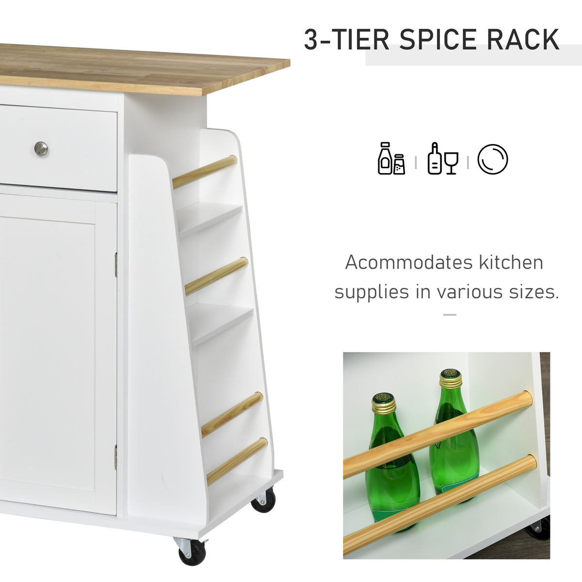Rolling Kitchen Island Trolley Storage Cart with Rubber Wood Top – 35"W x 35"H