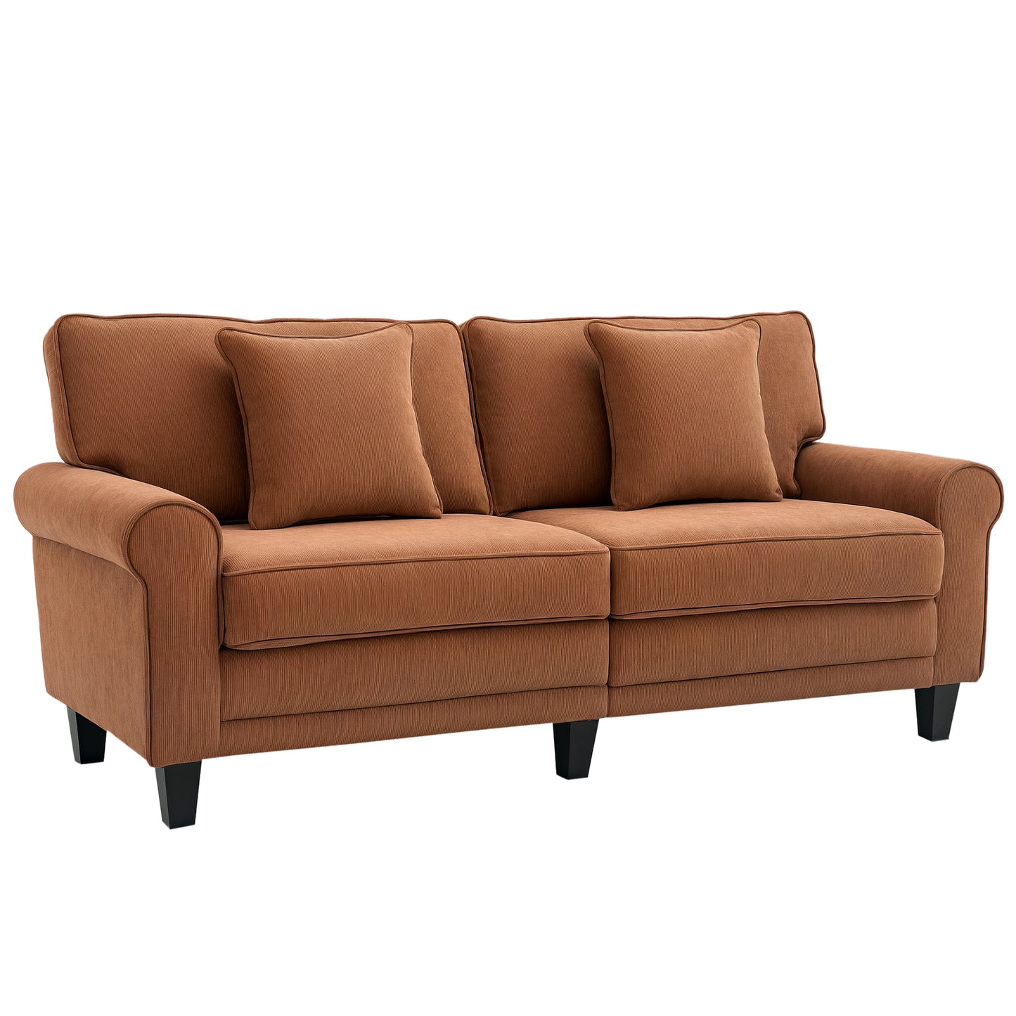 Modern Classic 3-Seater Corduroy Fabric Sofa with Pine Wood Legs, Rolled Arms, Brown