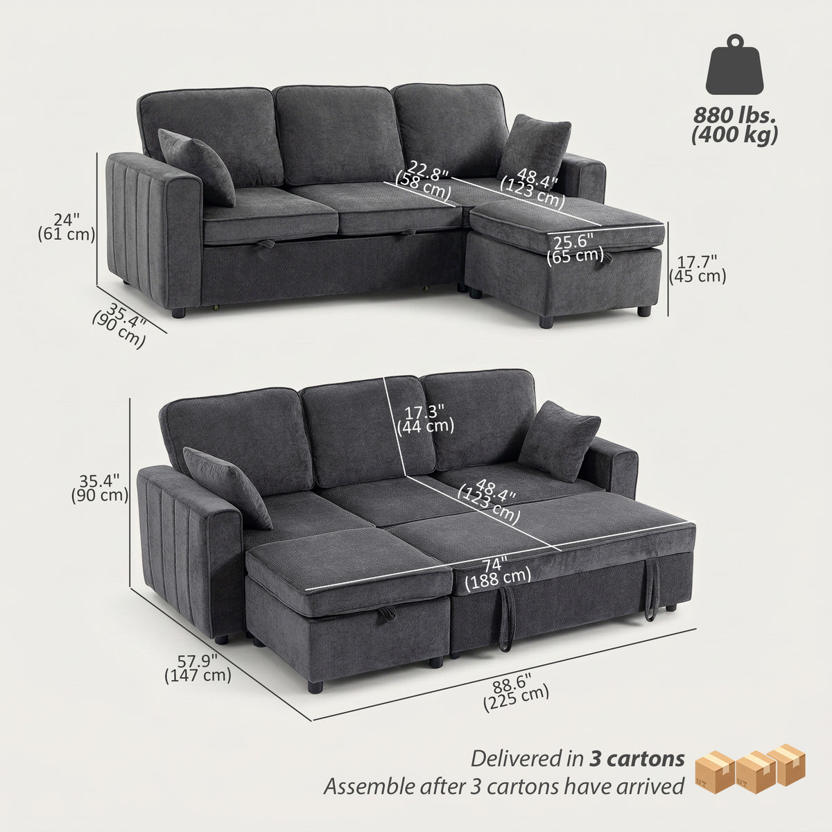 Modular Sleeper Sectional with Reversible Storage Ottoman