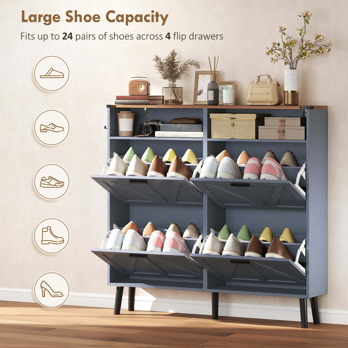 Shoe Storage Cabinet with 4 Flip Drawers – 47"W x 45"H