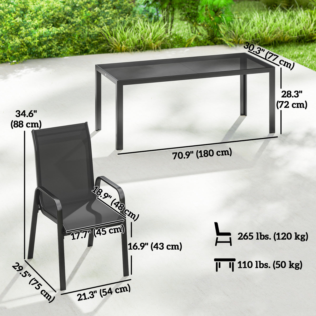 Outdoor Dining Sets for 8 with Stackable Chairs, Patio Dining Set with Glass Top Table for Garden, Patio, Backyard – Black