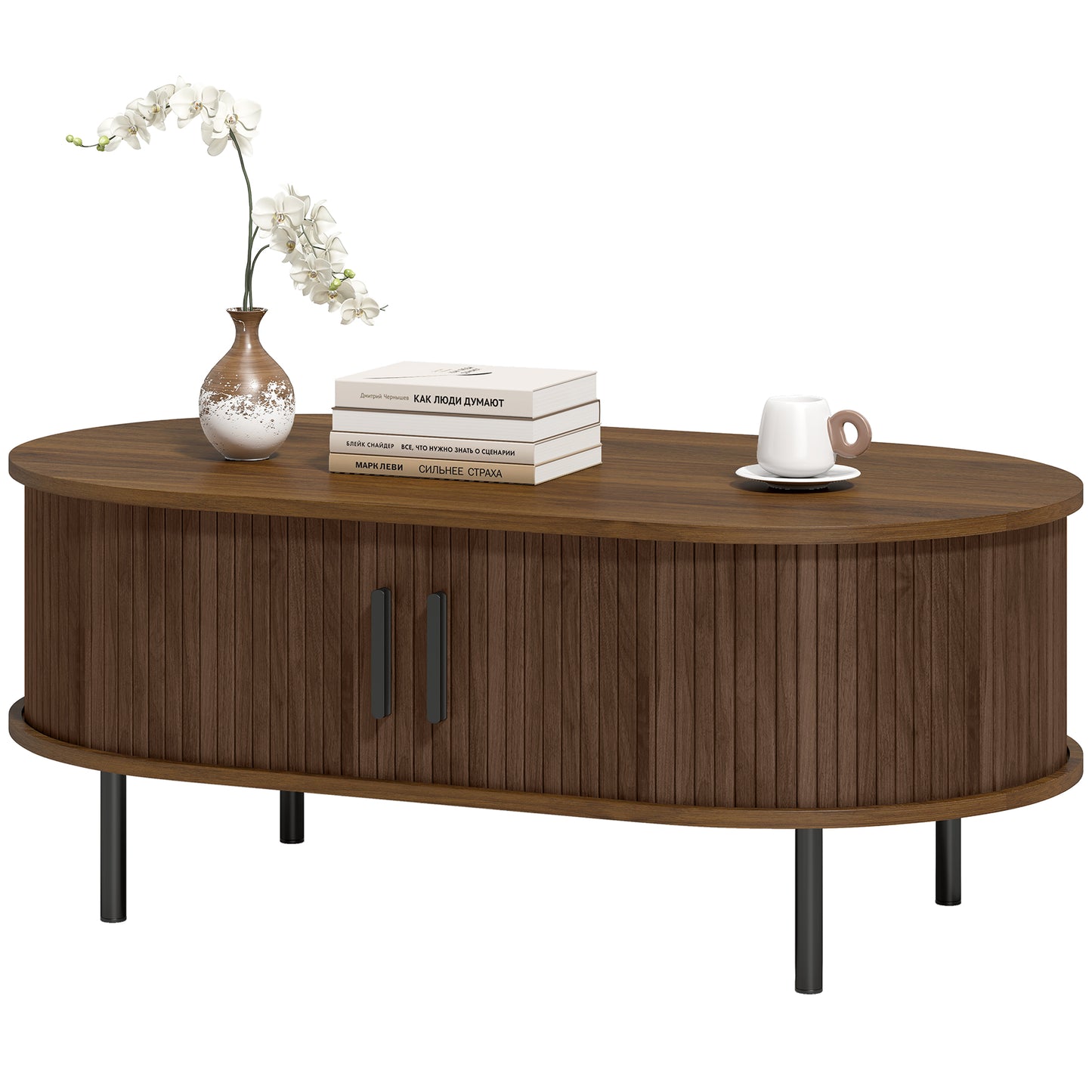 HOMCOM Coffee Table With Sliding Tambour Doors And Storage Center, 39" Brown