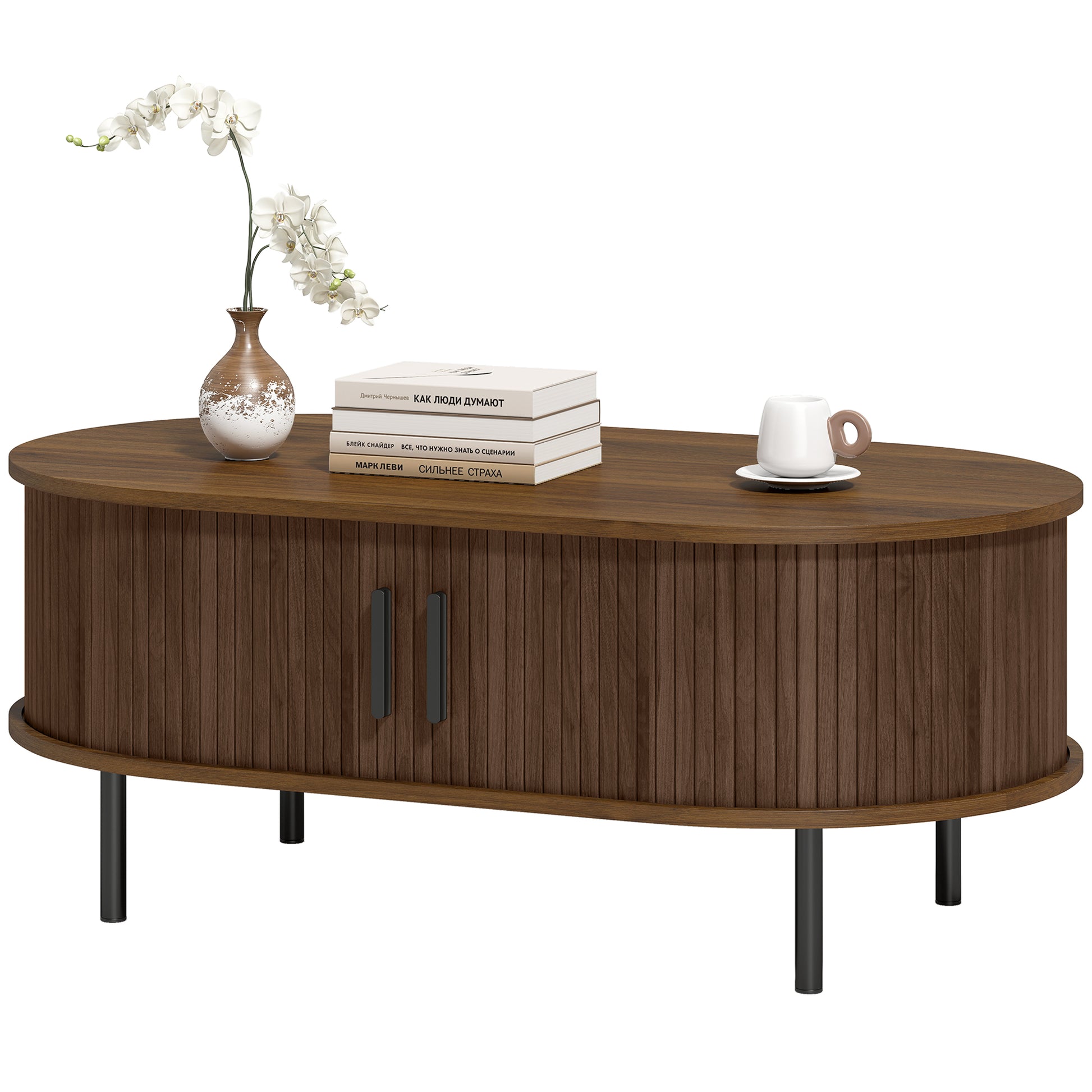HOMCOM Coffee Table With Sliding Tambour Doors And Storage Center, 39" Brown