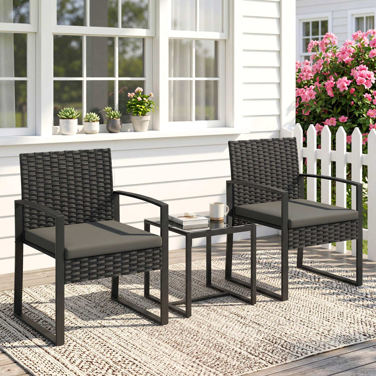 Outdoor Bistro Set, 3 Piece Wicker Patio Furniture Set with Glass Top Table and Cushions for Porch, Balcony – Dark Grey