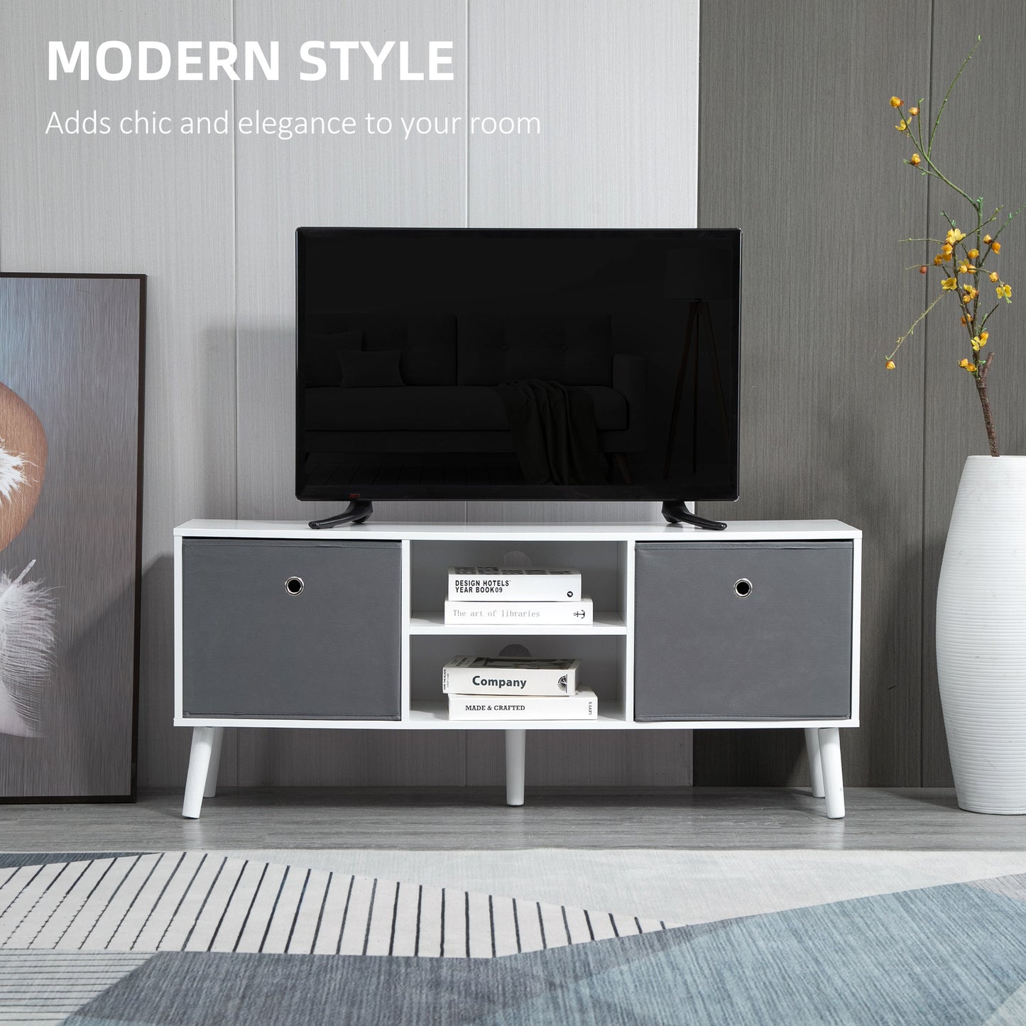 Modern TV Stand Cabinet with Foldable Grey Fabric Drawers and Shelves