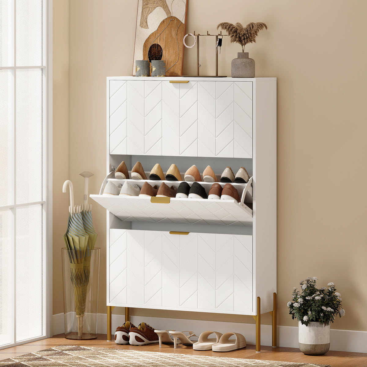 Shoe Cabinet with 3 Flip Drawers – 31"W x 50"H