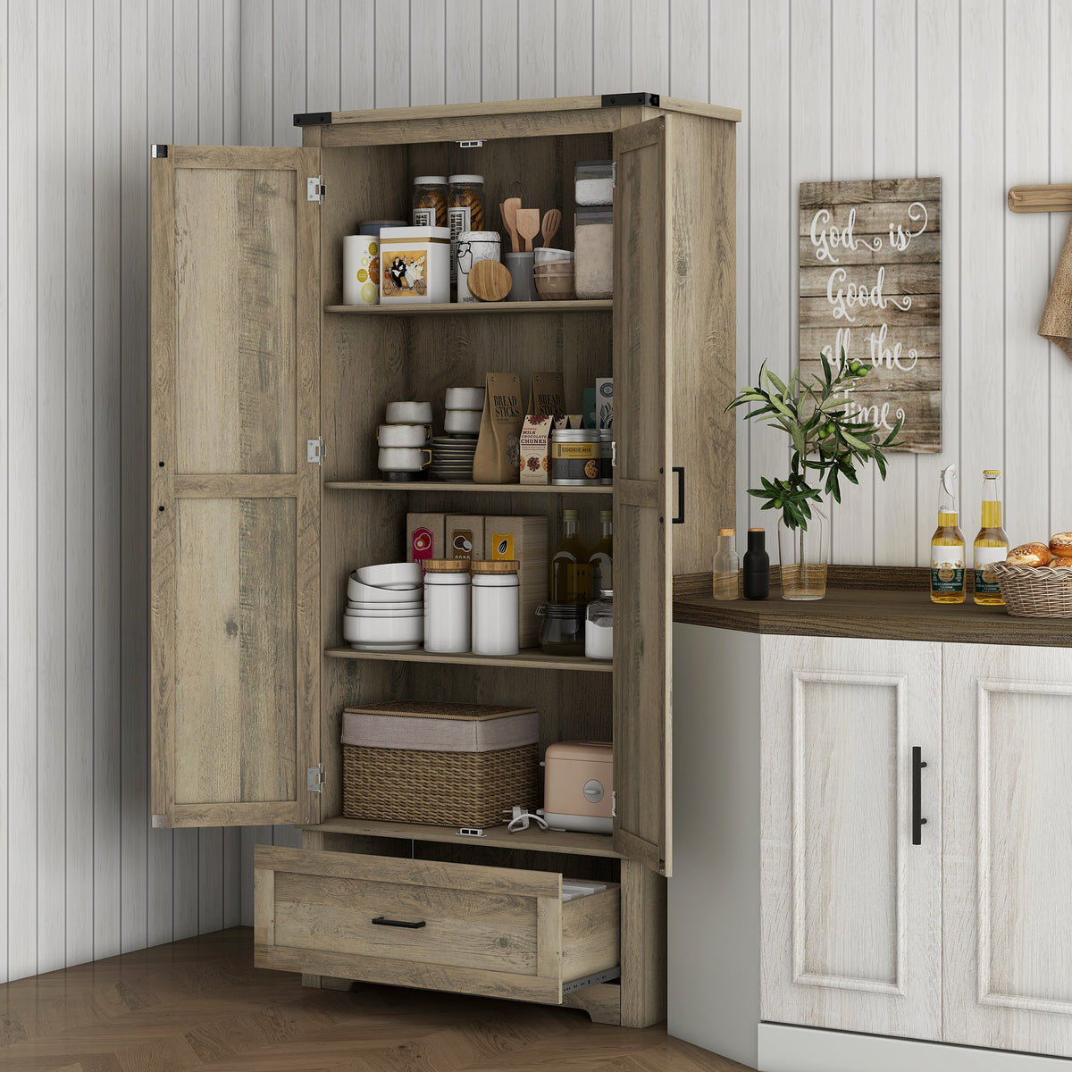 Tall Farmhouse Kitchen Pantry Cabinet with 2 Doors – 32"W x 69"H