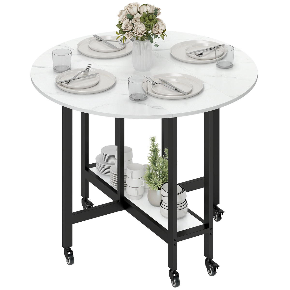 39" Round Folding Dining Table with Open Shelf and Lockable Wheels