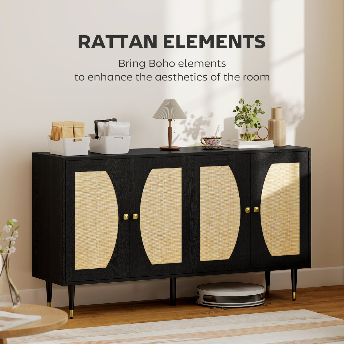Boho Sideboard with Rattan Doors and Soft-Close Hinges – 55"W x 31"H