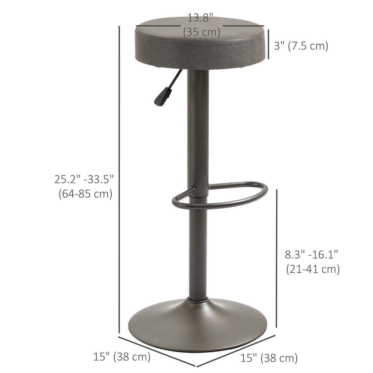 Backless PU Leather Round Swivel Bar Stools, Adjustable, Set of 2, Dark Grey