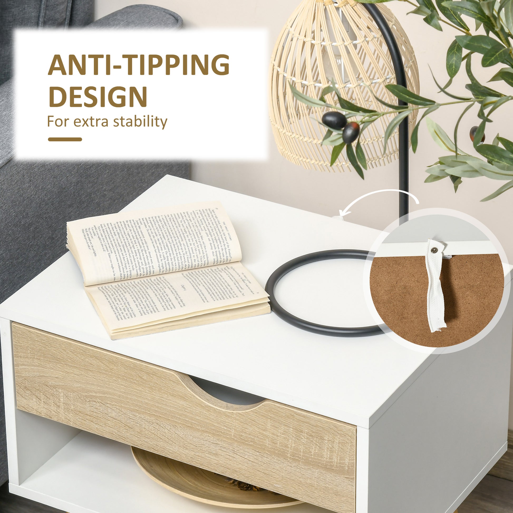 Modern Bedside Tables Set of 2 with Drawer, Shelf, Wood Legs