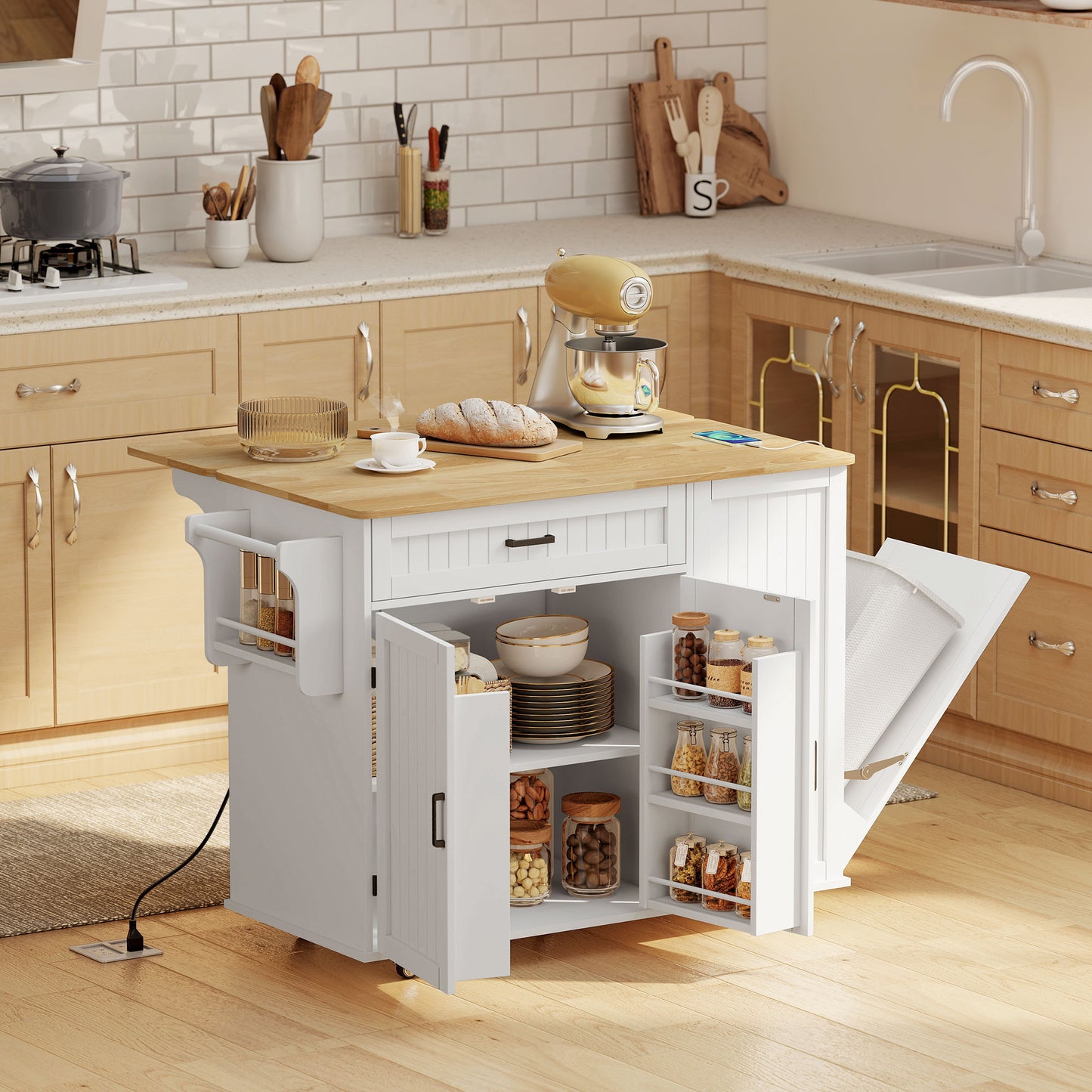HOMCOM Kitchen Island Cart Portable with Charging Station White