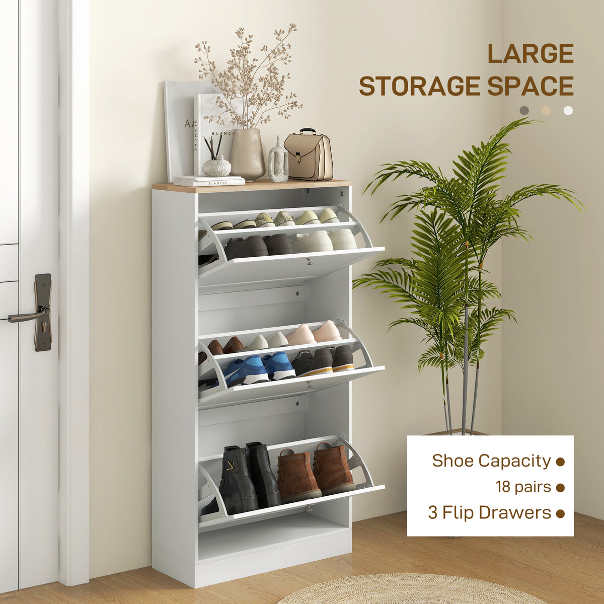 Modern Shoe Storage with 3 Flip Drawers and Adjustable Shelves – 24"W x 45"H