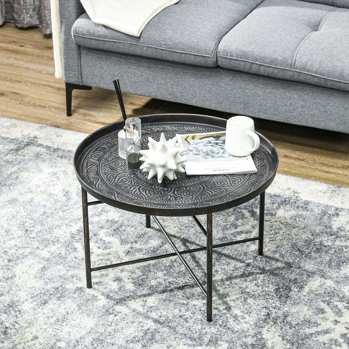 24" Round Vintage Coffee Table with Hammered Flower Tray Top, Pewter