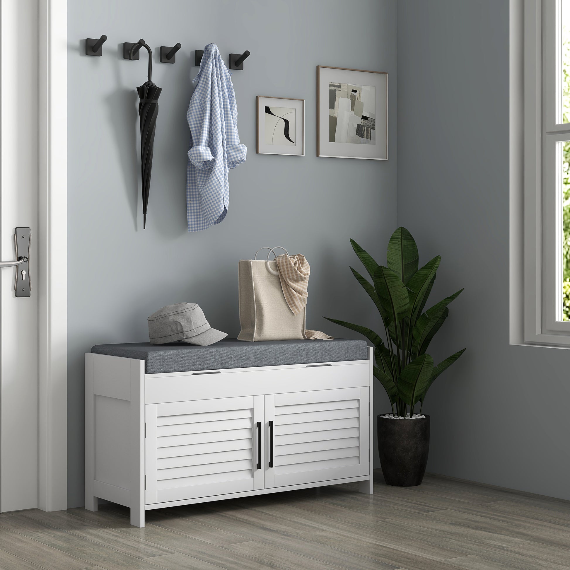 White Entryway Shoe Storage Bench: Cushioned Seat, Hidden Compartments, Adjustable Shelves