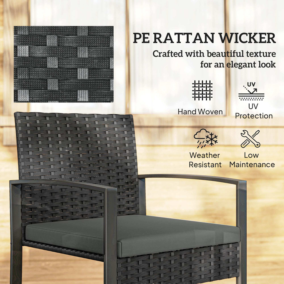 Outdoor Bistro Set, 3 Piece Wicker Patio Furniture Set with Glass Top Table and Cushions for Porch, Balcony – Dark Grey