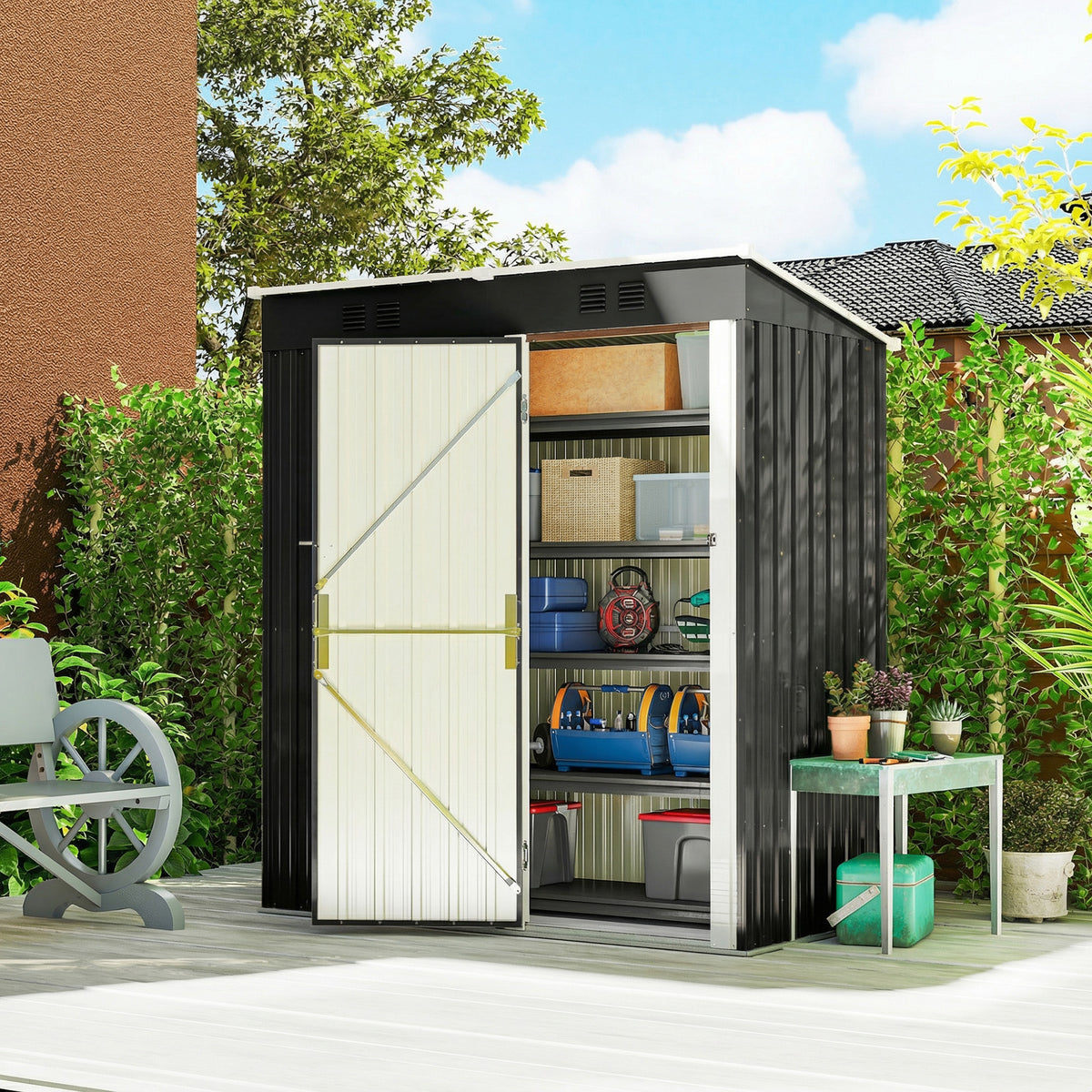 5 x 3 ft Outdoor Storage Shed, Lean-to Metal Garden Shed with Lockable Door and Vents