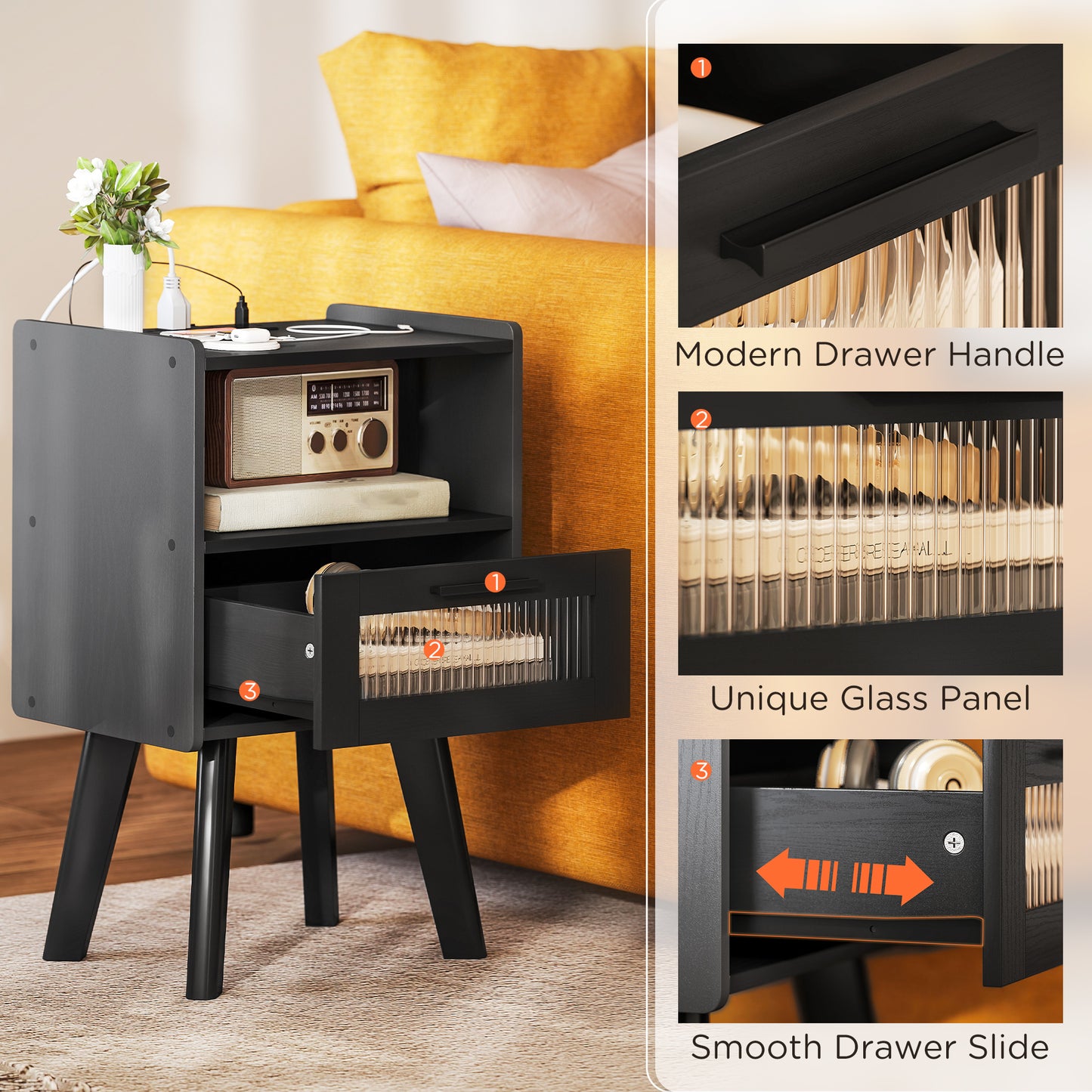 HOMCOM Modern Black Nightstands Set of 2 with Charging Station