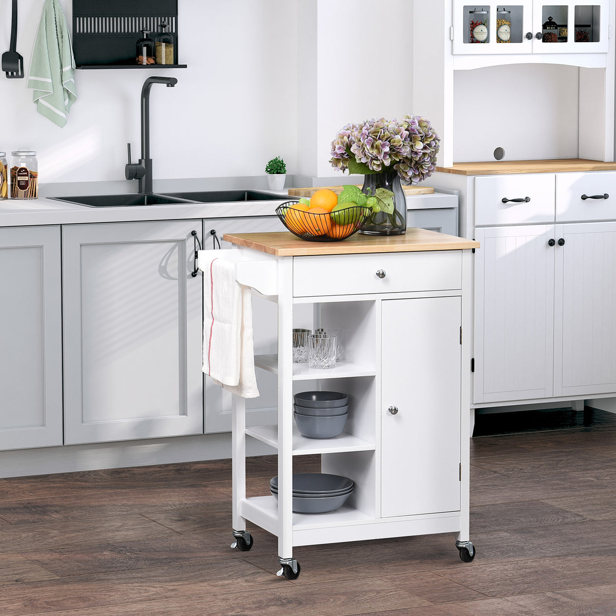 Modern Rolling Kitchen Island Cart with Drawer – 26"W x 34"H