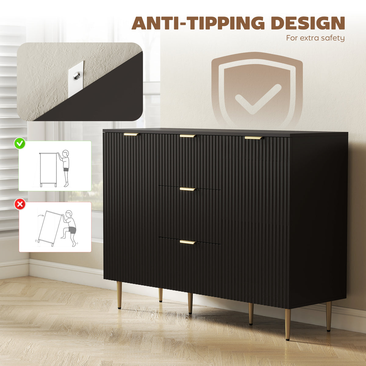 Sideboard Buffet Cabinet with 3 Drawers and Adjustable Shelves – 47"W x 35"H