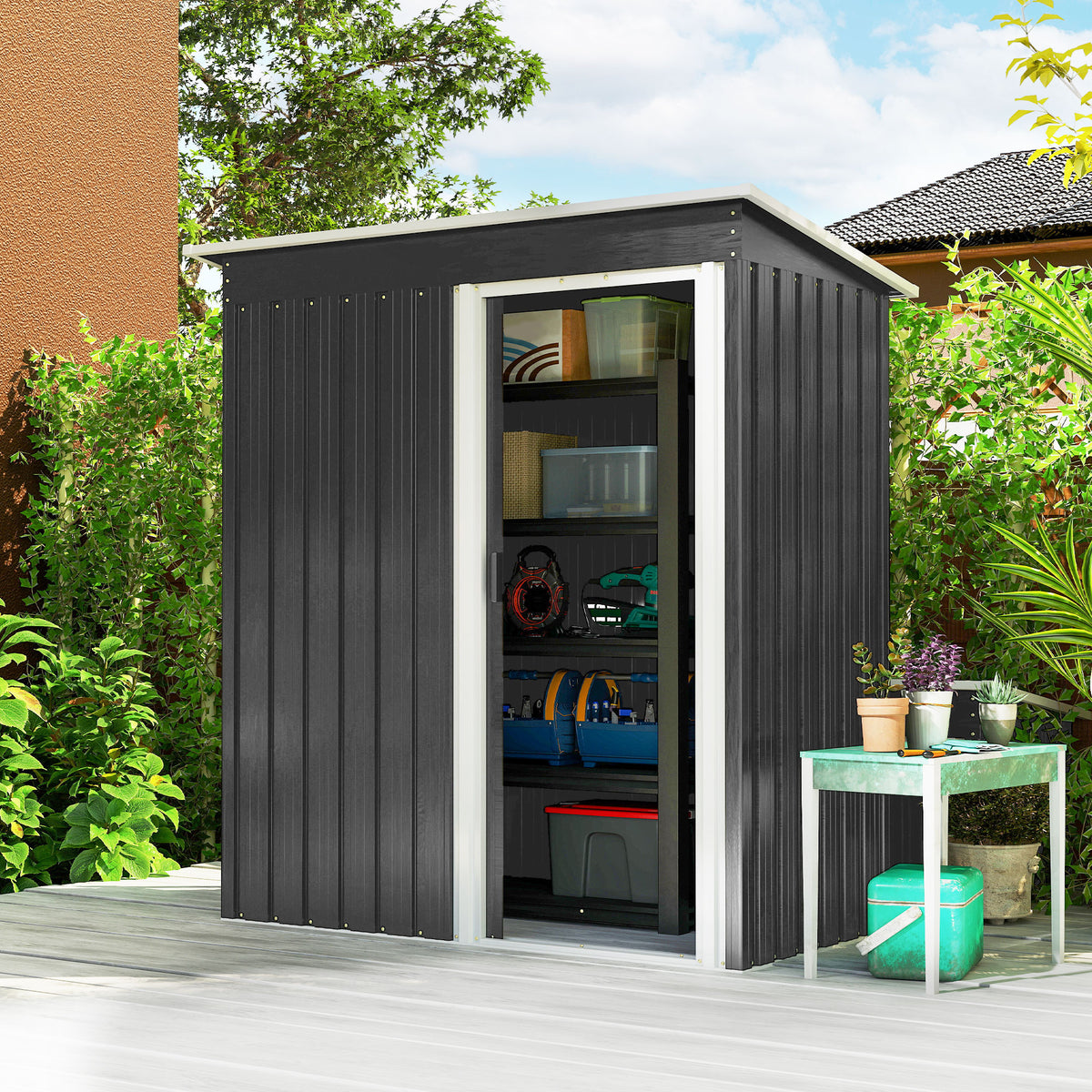5 x 3 FT Outdoor Storage Shed with Sliding Door and Sloped Roof, Steel Frame Garden Shed Tool Equipment – Black