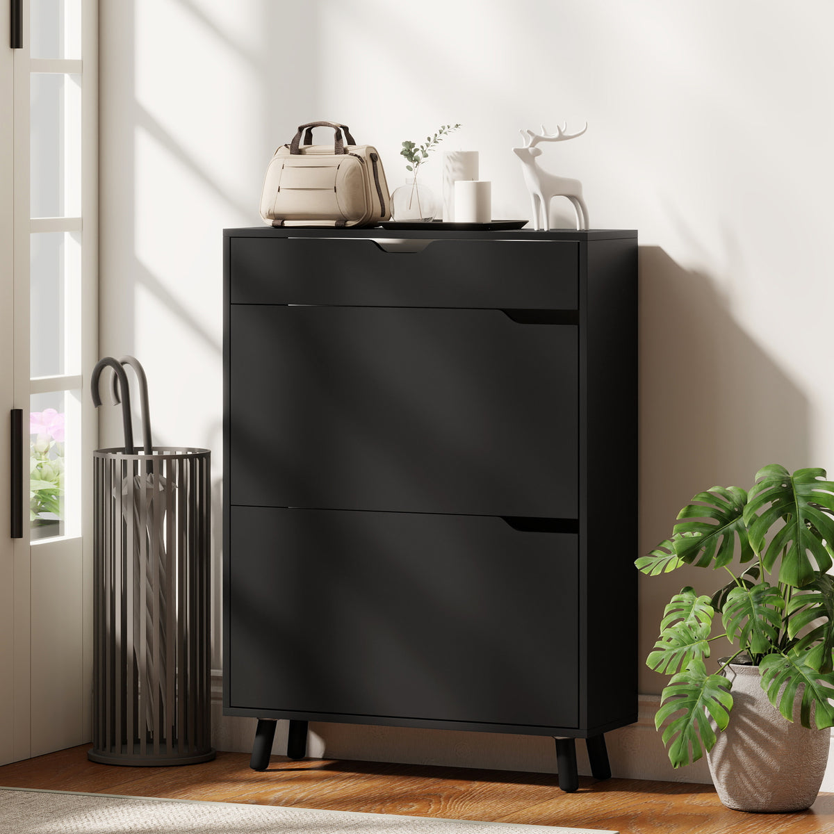 Narrow Shoe Cabinet for Entryway with 2 Flip Drawers – 28"W x 39"H