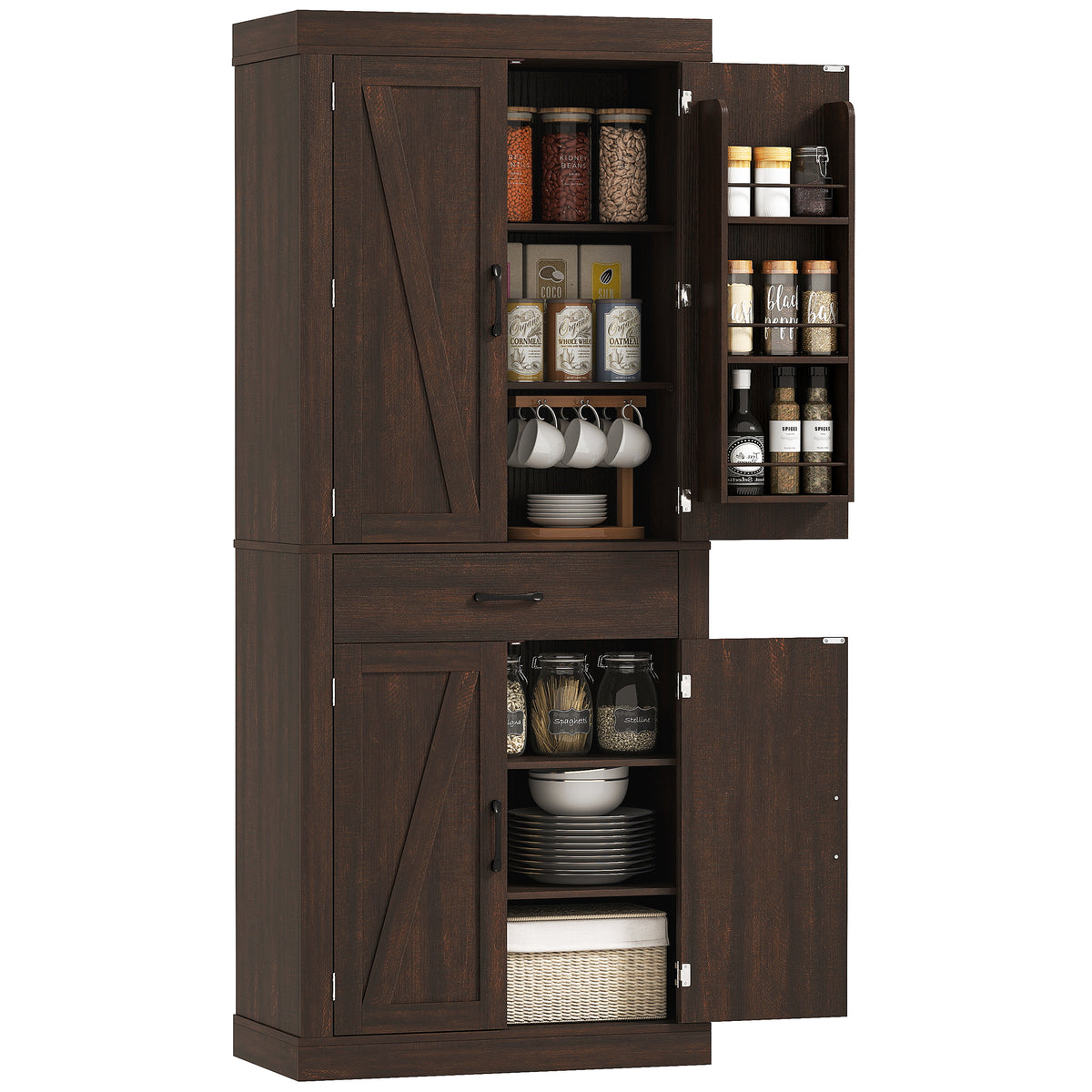 Farmhouse Kitchen Storage Cabinet with 4 Barn Doors – 30"W x 72"H