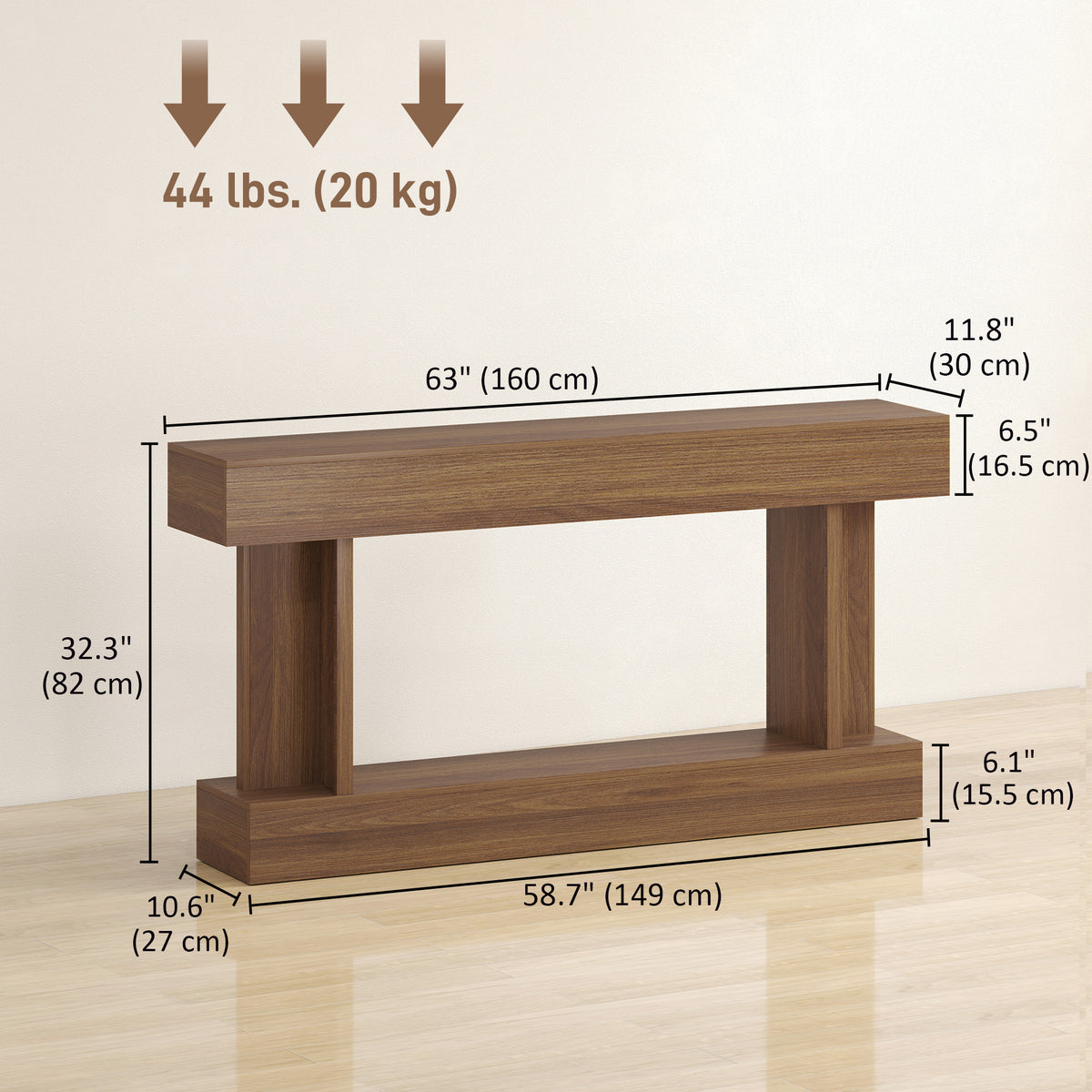 63" Long Vintage Console Table with Storage Shelf, Dark Brown