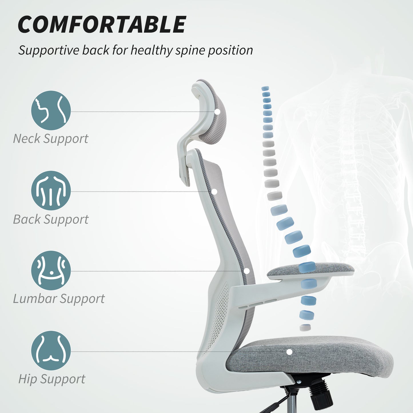 HOMCOM Ergonomic Grey Mesh Office Chair, Adjustable Lumbar, Headrest, Flip-Up Armrests