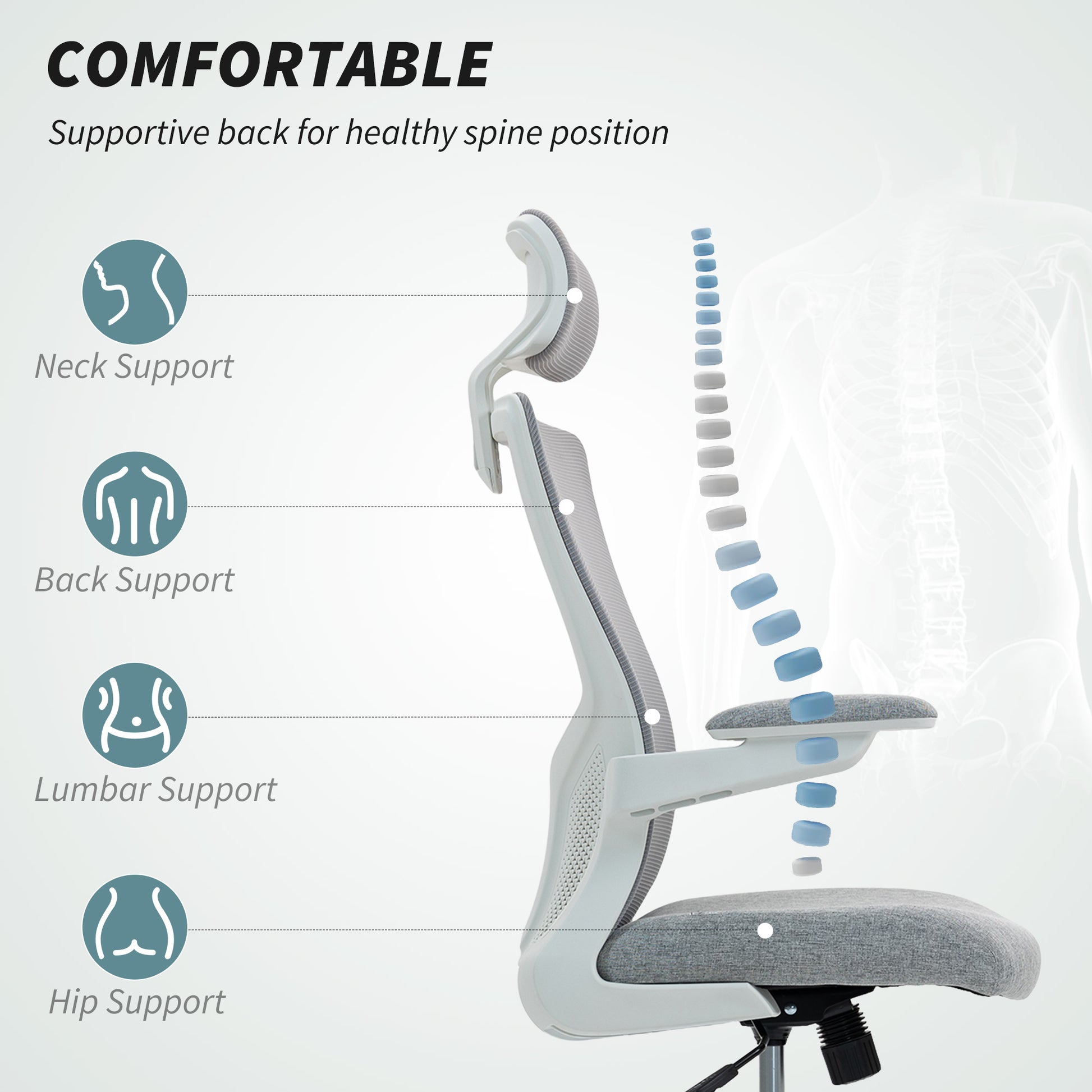 HOMCOM Ergonomic Grey Mesh Office Chair, Adjustable Lumbar, Headrest, Flip-Up Armrests