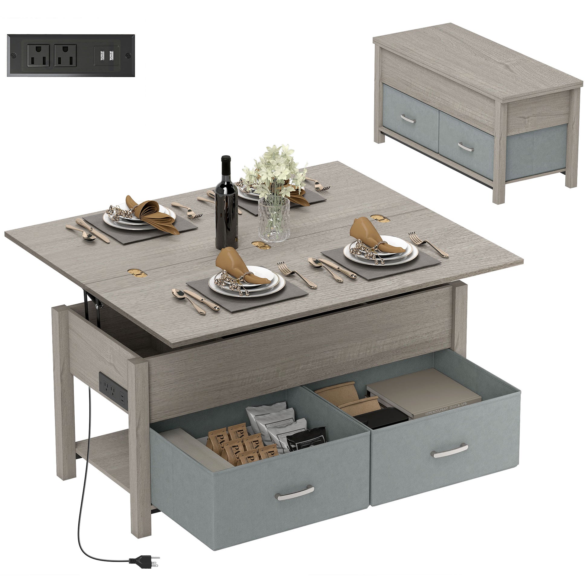 Modern Lift Top Coffee Table with Charging, Hidden Storage & Fabric Drawers