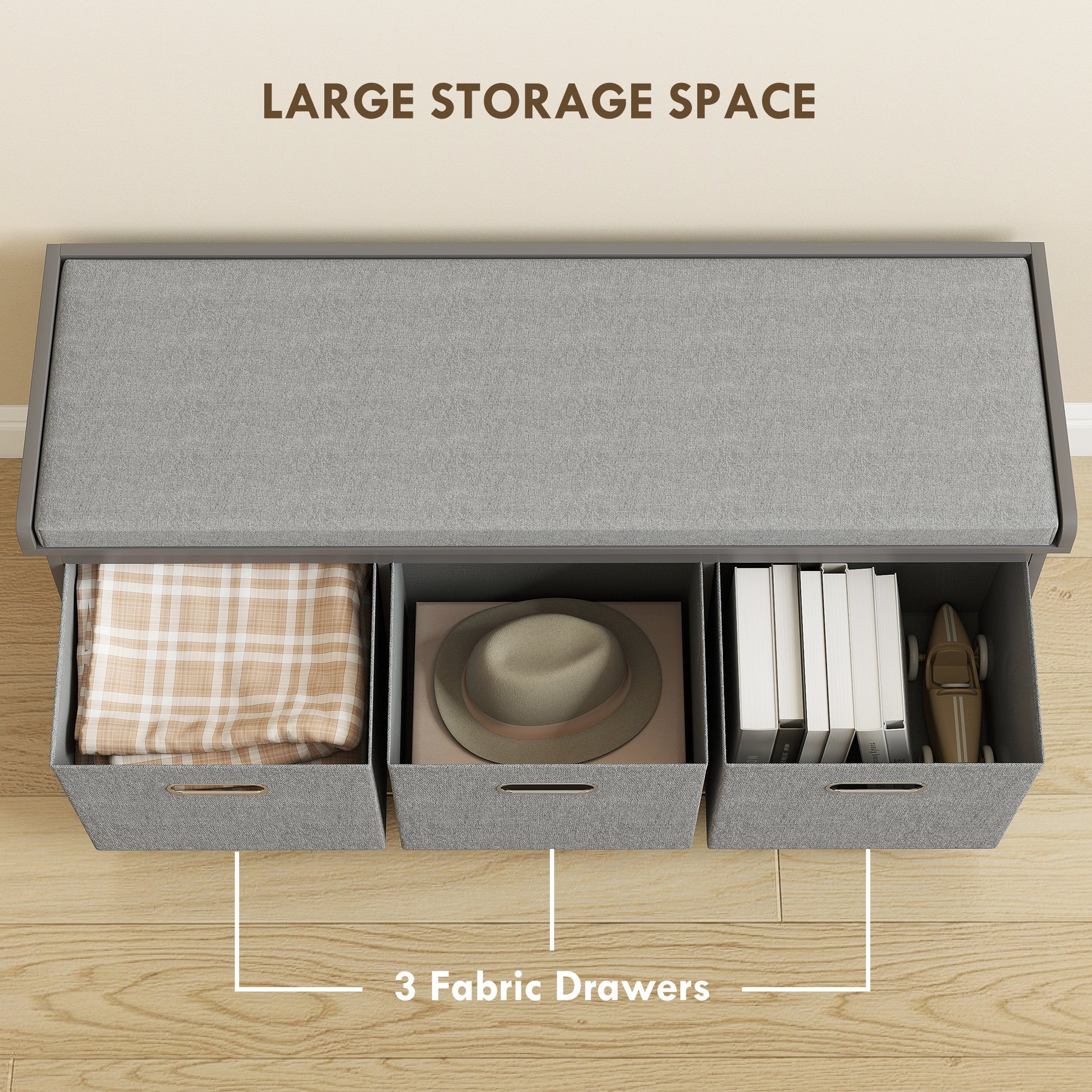 HOMCOM Grey Entryway Shoe Storage Bench with Padded Seat, Three Fabric Drawers