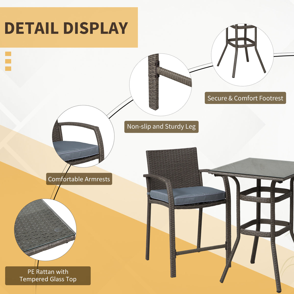 3 Pieces Patio Bar Set Wicker Garden Bistro Set Outdoor Furniture PE Rattan Table and Stools with Seat Cushion