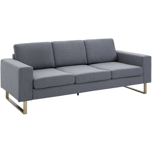 Modern Three-Seat Linen Upholstered Sofa with Steel Legs, Padded Cushions, Grey