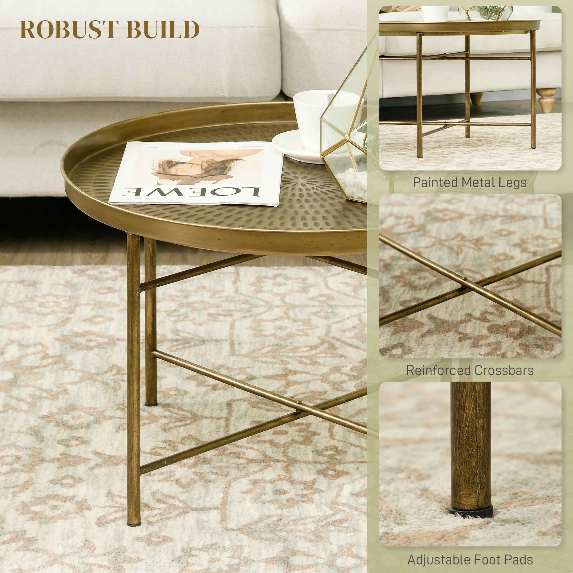 Vintage Gold Round Coffee Table: Hammered Tray Top, Durable Metal Frame