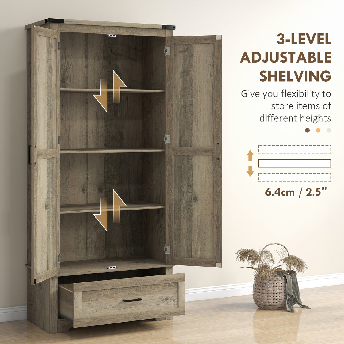 Tall Farmhouse Kitchen Pantry Cabinet with 2 Doors – 32"W x 69"H