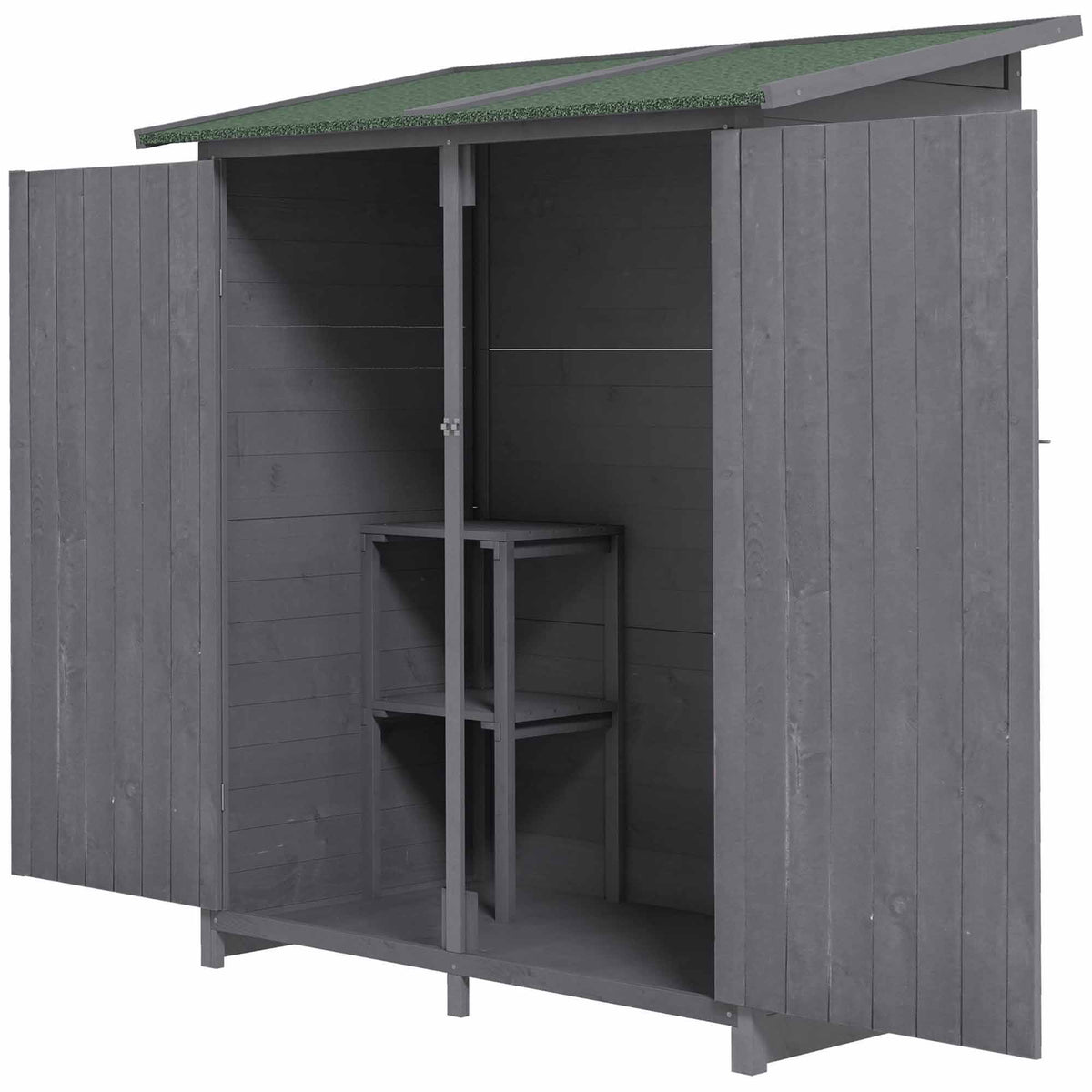Garden Storage Shed Asphalt Roof Wooden Timber Double Door Utility Storage House with Shelf, Green and