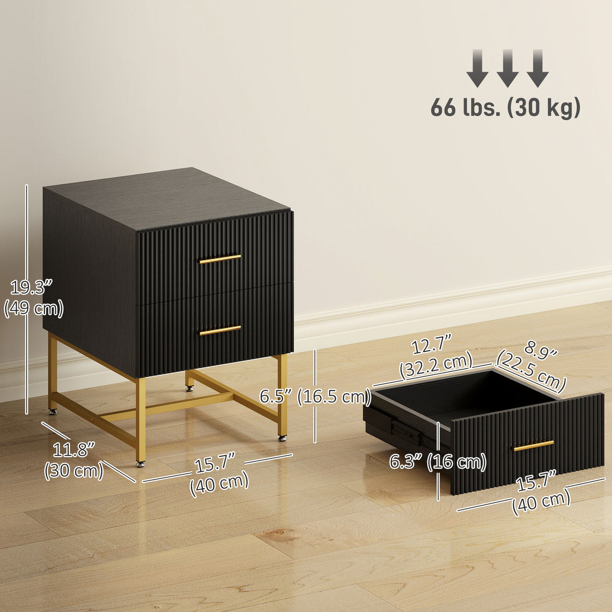 Fluted 2-Drawer Nightstands with Gold Legs, Set of 2 – 16"W x 19"H