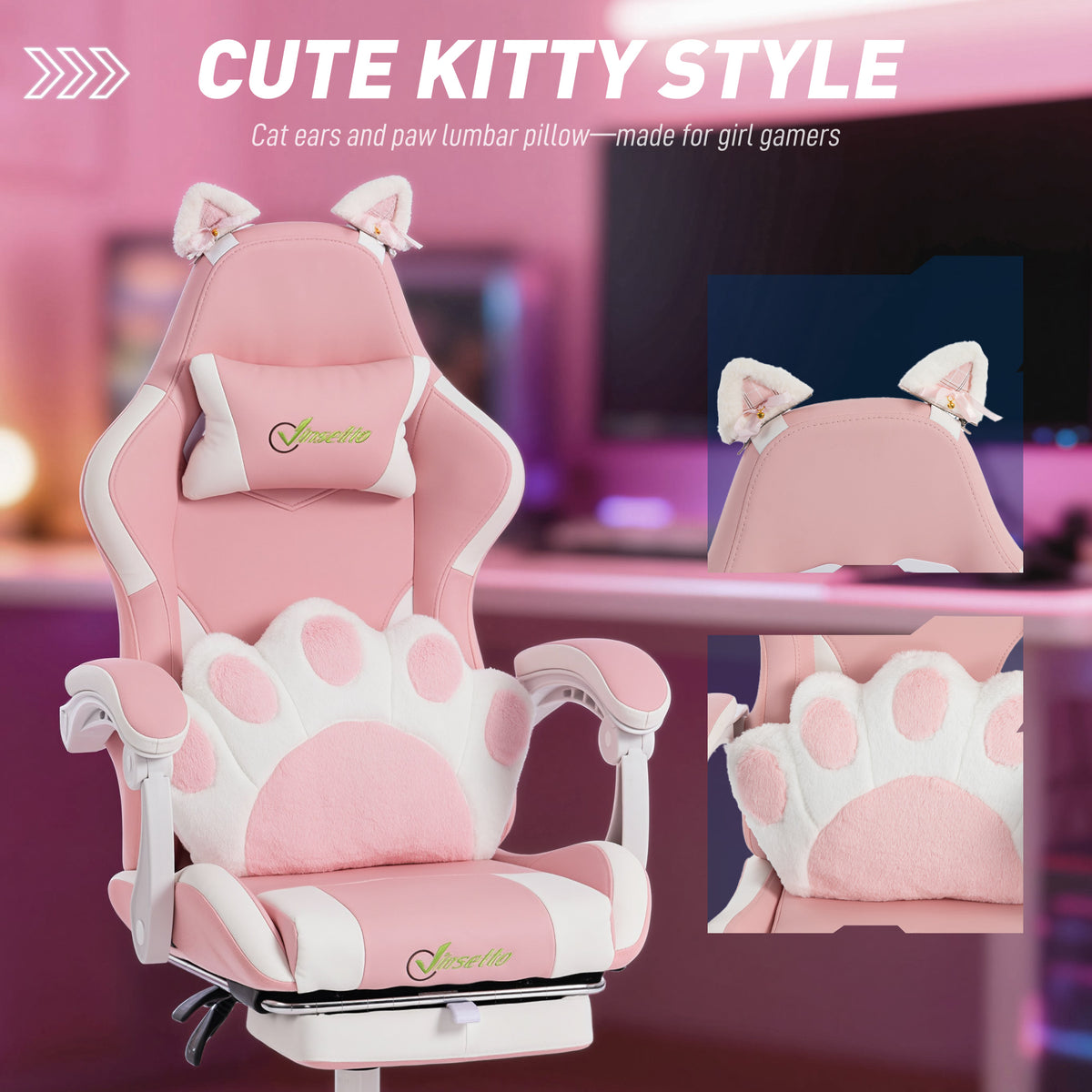 Cute Gaming Chair with Cat Ears, Gamer Computer Chair with Lumbar Support, Footrest, Pink