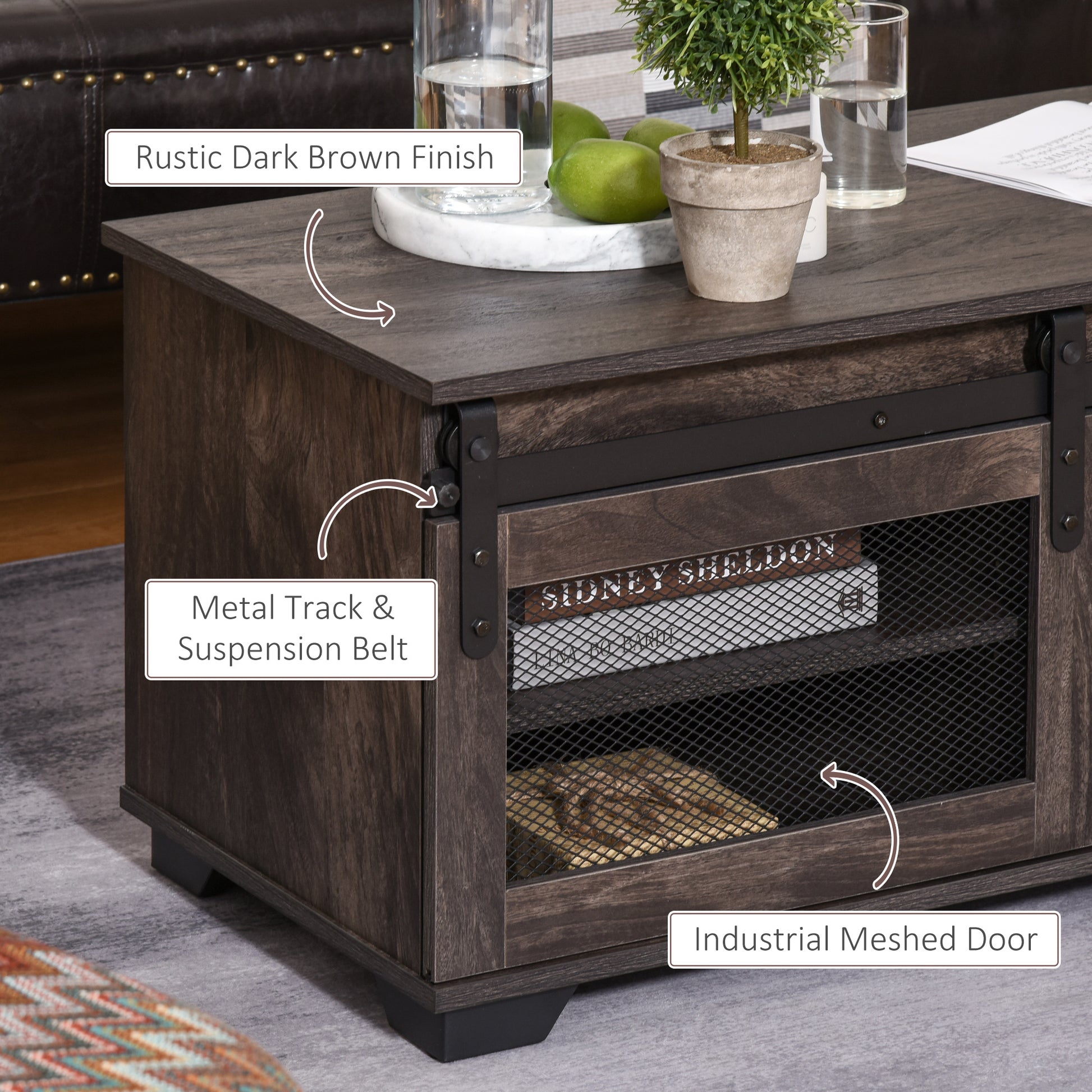 HOMCOM Farmhouse Industrial Coffee Table with Sliding Barn Door, Adjustable Shelf, Dark Brown