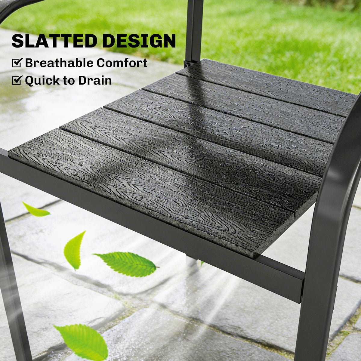 Stackable Patio Chairs Set of 4, Outdoor Dining Chairs with Slatted HDPE Seat, Armrests for Garden, Backyard