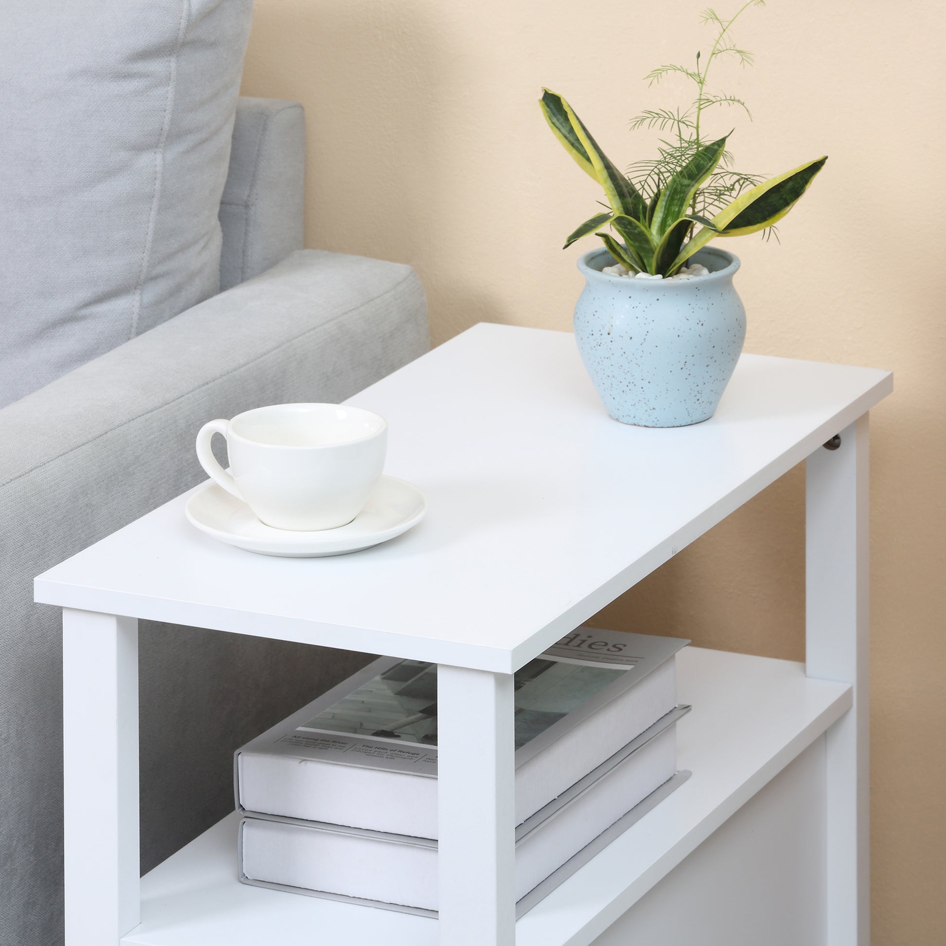 HOMCOM Modern Slim White End Table with 2 Drawers and Storage Shelf
