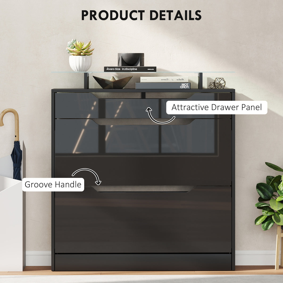 High Gloss Shoe Cabinet with 2 Flip Drawers – 35"W x 38"H
