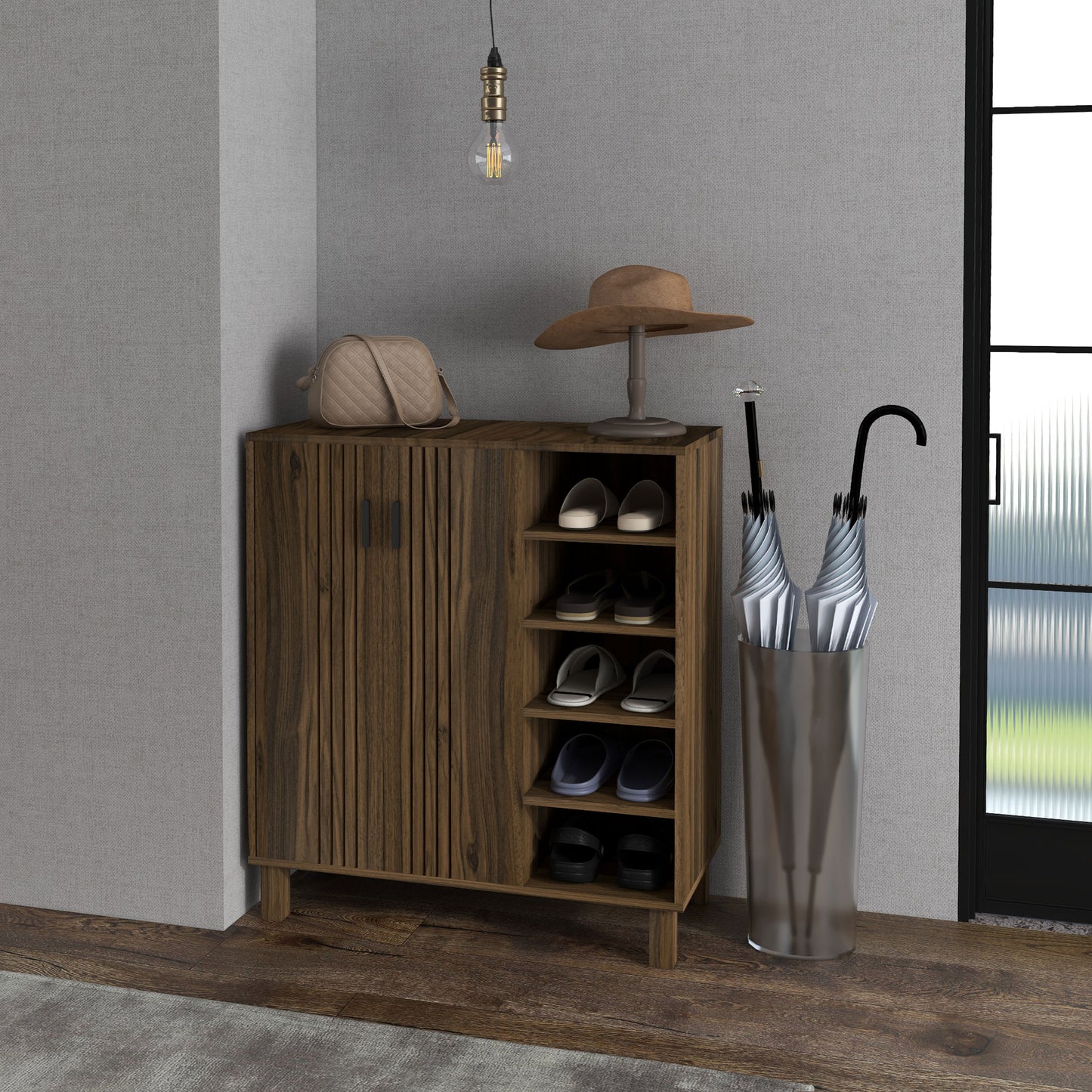 HOMCOM Walnut Shoe Storage Organizer with Double Doors and Open Shelves