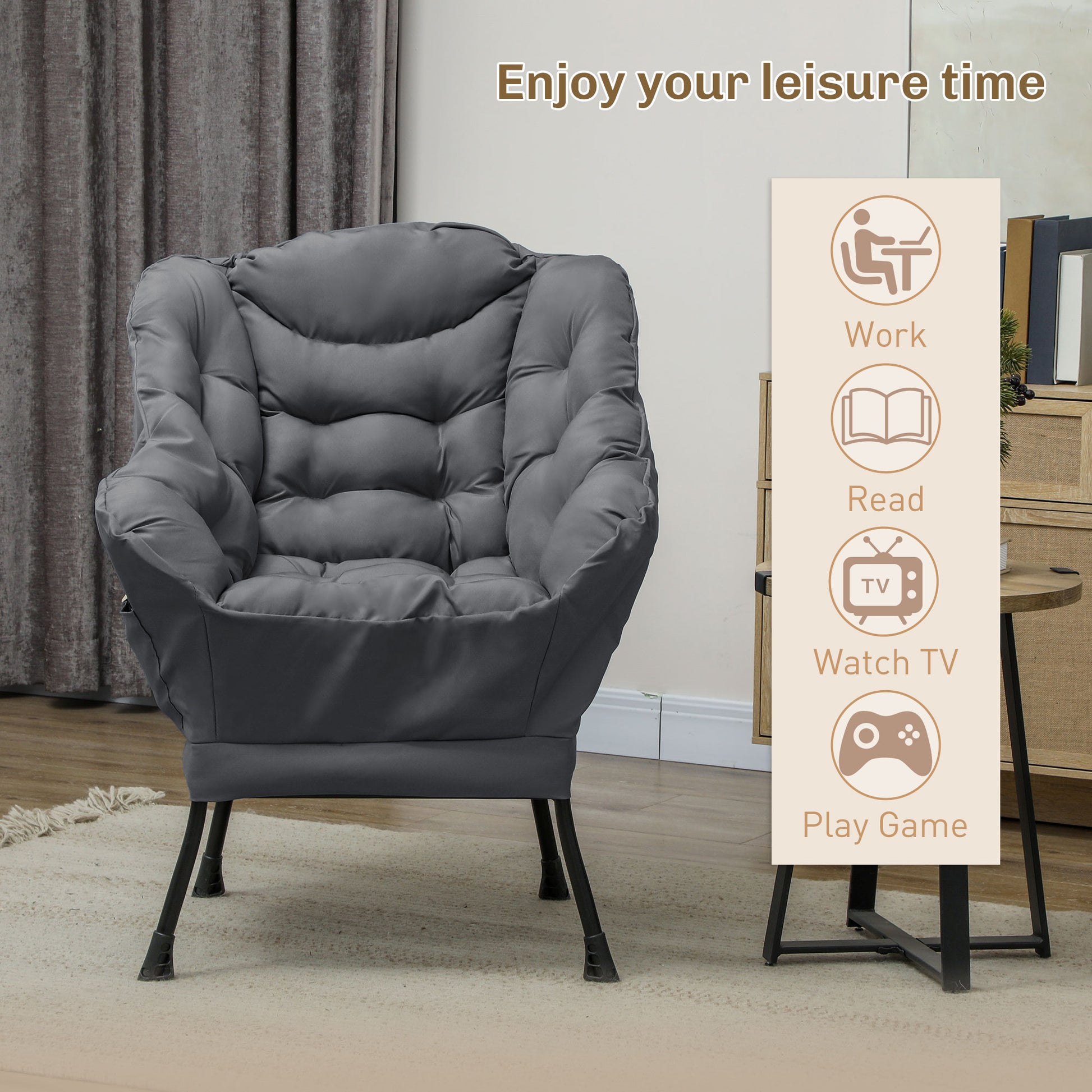 HOMCOM Modern Grey Accent Chair Armchair Side Pockets Steel Legs
