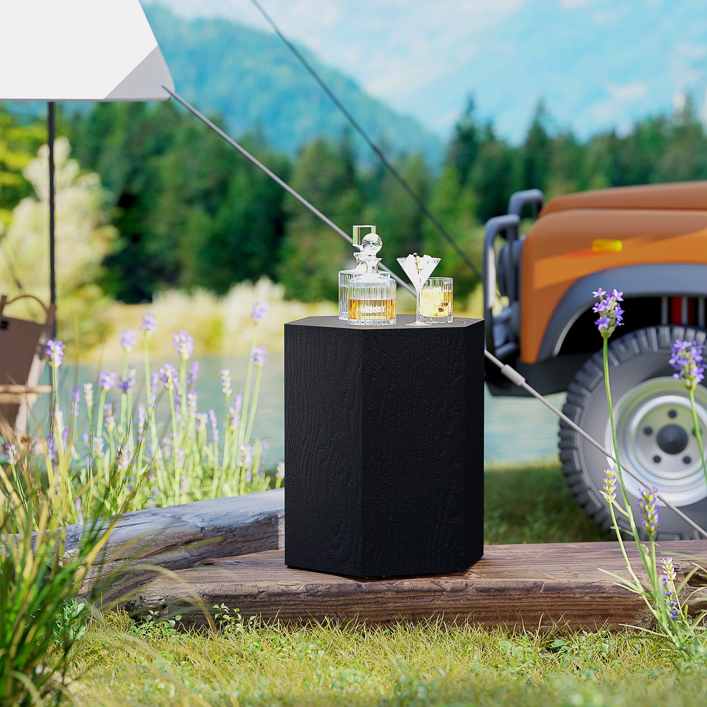 HOMCOM Hexagonal Side Table, Small End Table with Adjustable Feet, Black Wood Grain